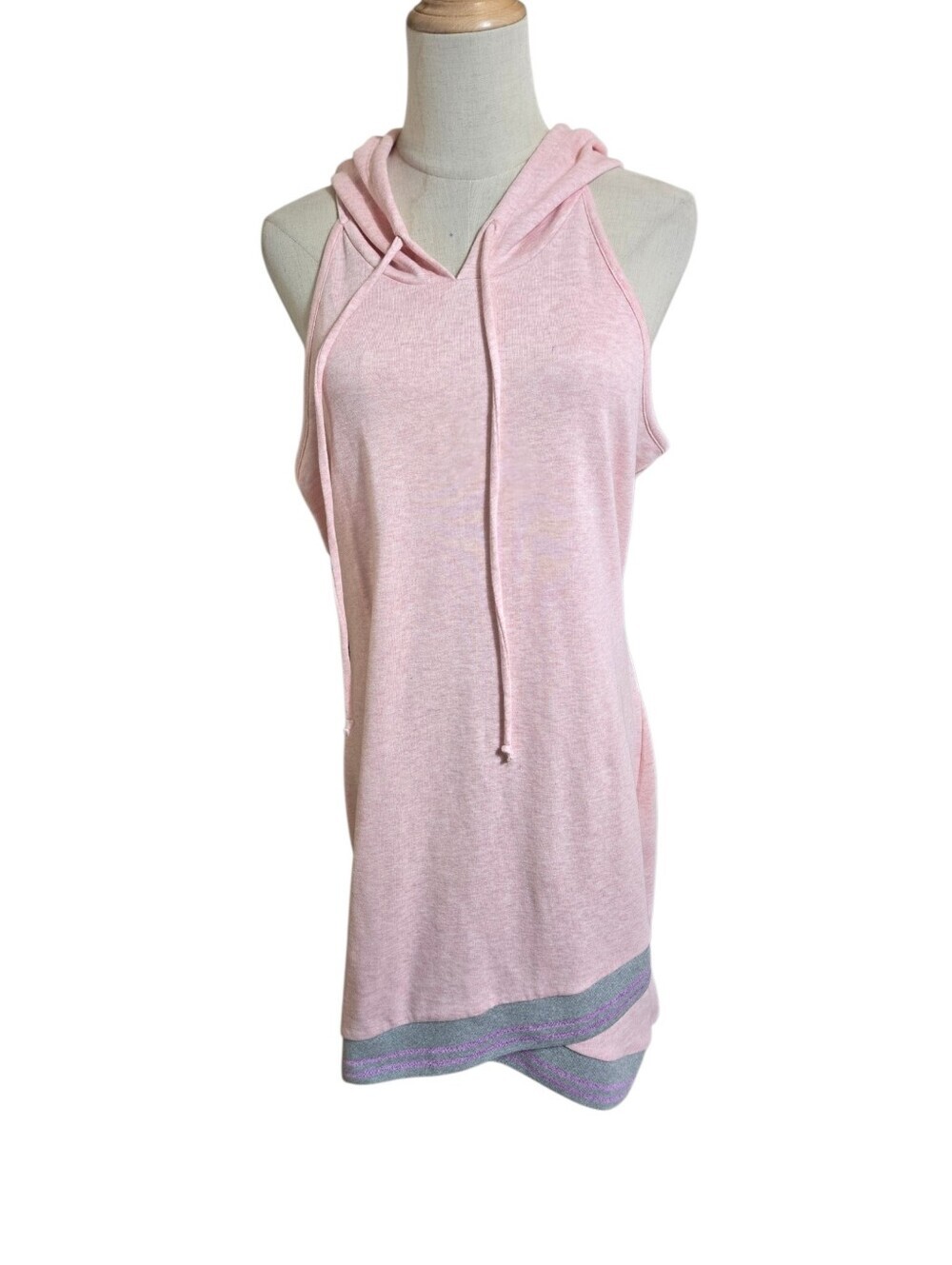 Venus Sleeveless Pink Hoodie Beach Cover Dress with Striped Hem
